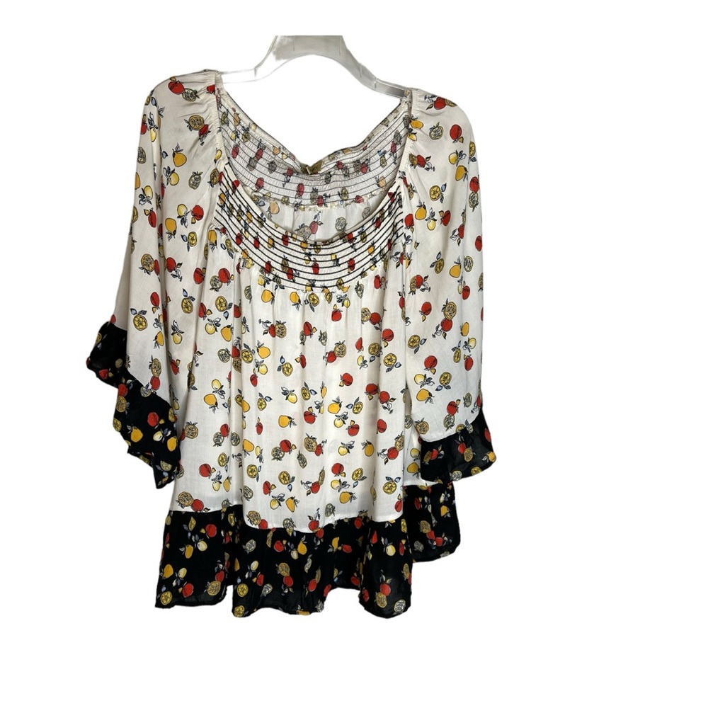 Democracy Women’s Smocked Rayon Peasant Blouse Citrus  Fruit Print 1X